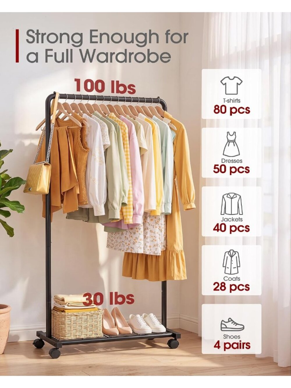 New Clothes Rack - Clothing Rack with Storage Mesh Shelf & Casters, - Picture 3 of 9
